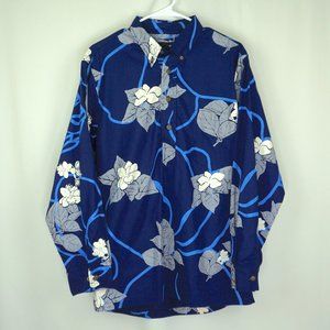 Hilo Hawai'i Men's Blue Floral Screen Print Long Sleeve 1/4 Button Down, Size M